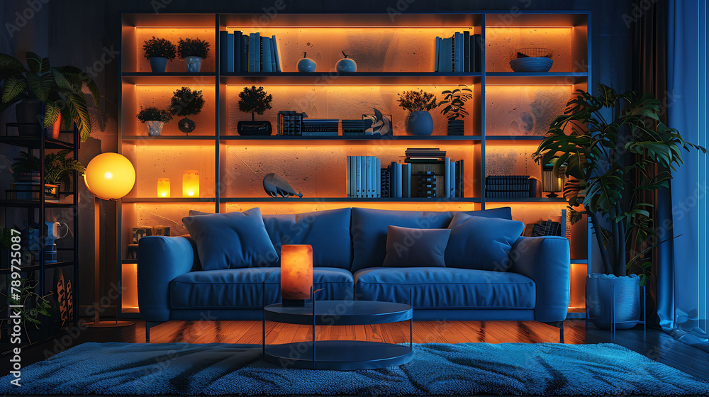 Interior of dark living room with couch, shelving units and glowing lamps