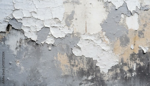 Close-up of an old wall with layers of paint peeling off, revealing a textured surface in shades of white and grey