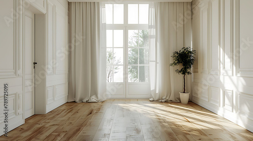 Interior of empty living room with large bright window and curtains by closed door in modern apartment with white walls and hardwood floor