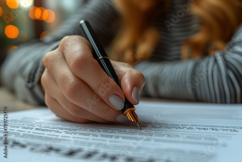 Girl, hand and writing on contract paper with pen for sale or contractor agreement and confidentiality terms. Person, sign or mark legal document for lease, purchase order and non disclosure promise.
