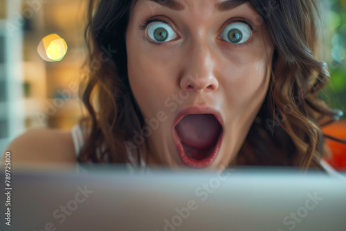 A woman with an expression of shock and amazement looking at her laptop screen, her eyes wide open