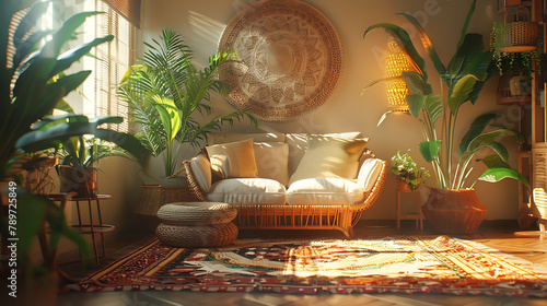 Boho style home interior  living room in brown warm color  3d render