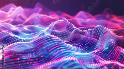 Abstract holographic background with glitched wavy surface of lines. Retrofuturistic vaporwave and synthwave style aesthetics © Asdir