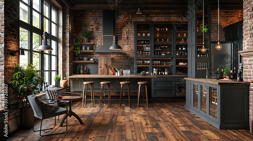 Interior of spacious kitchen with grey walls, dark wooden floor, comfortable dining table with soft armchairs, bar with stools and wooden countertops in background, 3d rendering