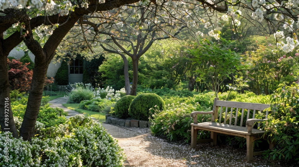 serene retreat with a cozy bench nestled among blossoming shrubs and trees serene retreat with a cozy bench nestled among blossoming shrubs and trees