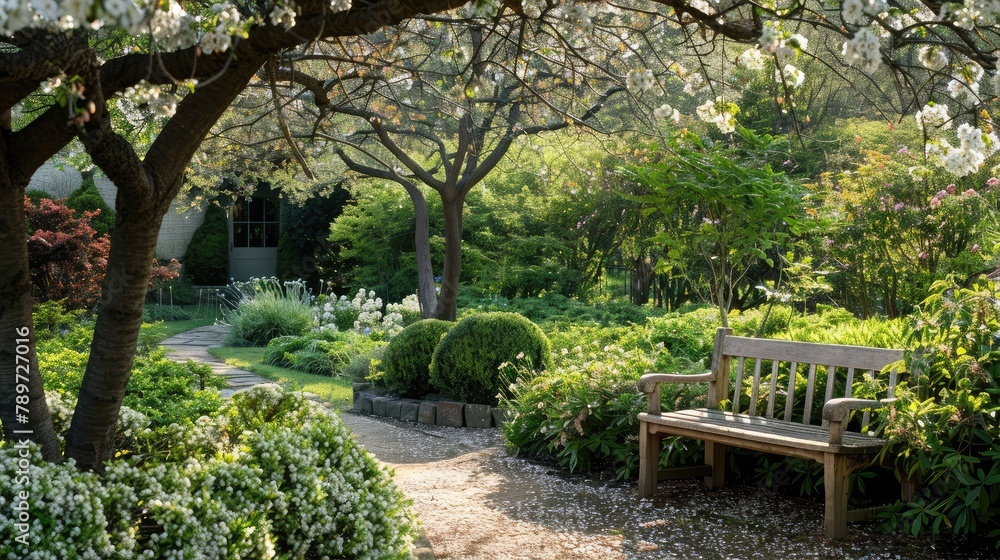 serene retreat with a cozy bench nestled among blossoming shrubs and trees