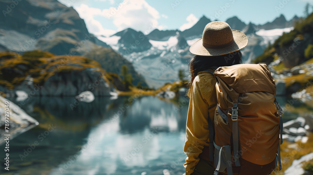 Obraz premium woman with a hat and backpack looking at the mountains and lake from the top of a mountain in the sun light, with a view of the mountains