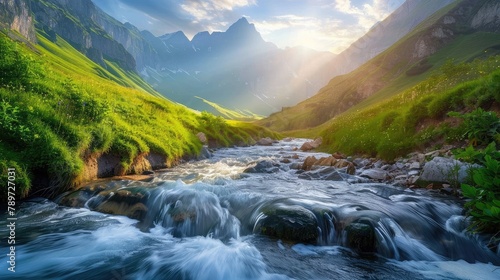 Serene river winding its way through a peaceful valley, culminating in a breathtaking waterfall