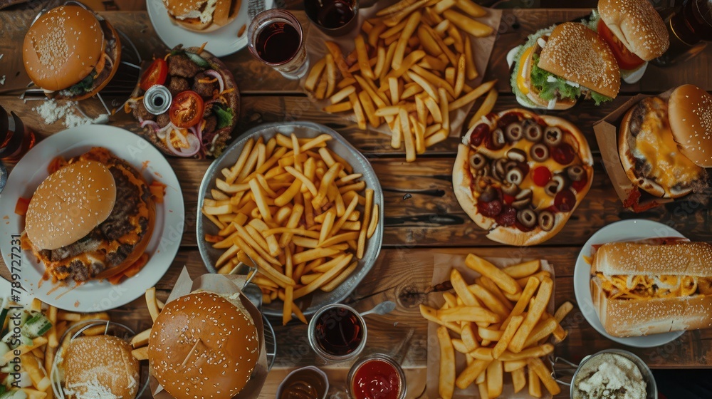 table filled with unhealthy fast food, symbolizing the root of weight gain and poor nutrition table filled with unhealthy fast food, symbolizing the root of weight gain and poor nutrition