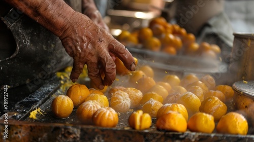 The rough hands of a street vendor expertly peeling oranges and filling the air with their sweet citrus scent. .
