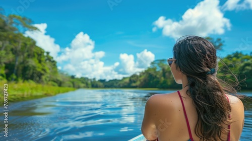 woman enjoying a scenic boat ride along a river  taking in picturesque views of lush green banks and clear blue skies.