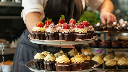 baker arranging freshly baked cupcakes on a tiered display stand for a special event