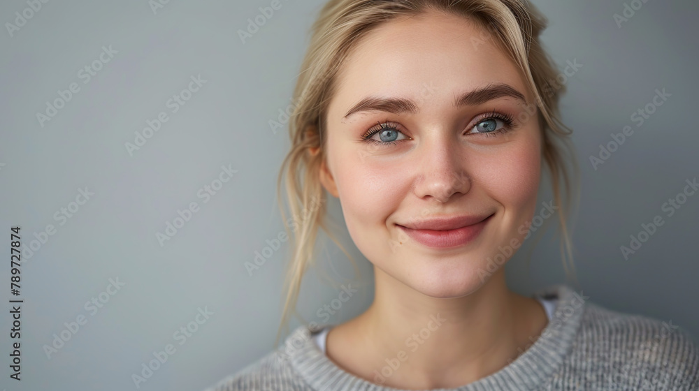 Headshot of a beautiful blond smiling young woman looking at the camera on gray background. Generative AI Headshot of a beautiful blond smiling young woman looking at the camera on gray background. Generative AI