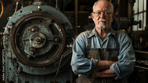 An image of a veteran machinist standing proudly in front of a large intricate machine a symbol of his many years of experience and dedication to his craft. The lighting highlights .