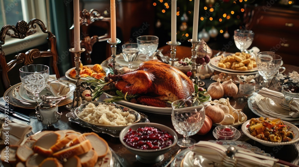festive holiday table adorned with a roast turkey, cranberry sauce, and all the trimmings, evoking warmth and nostalgia for traditional family feasts.