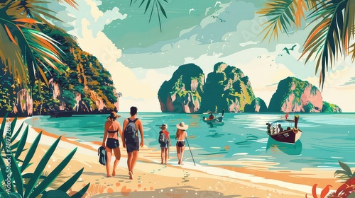 Illustration of people traveling and having fun in Thailand, Generative AI 