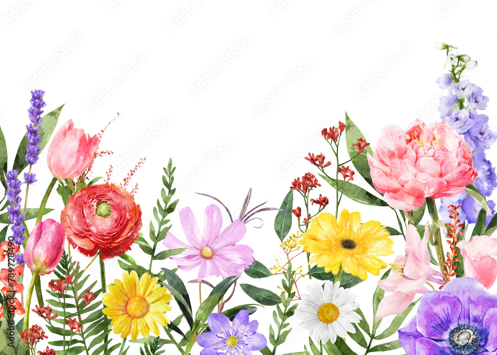 PNG watercolor flower border, spring collage element, transparent background