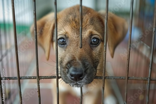 sad stray puppy in animal shelter cage abandoned dog waiting for adoption animal rescue concept