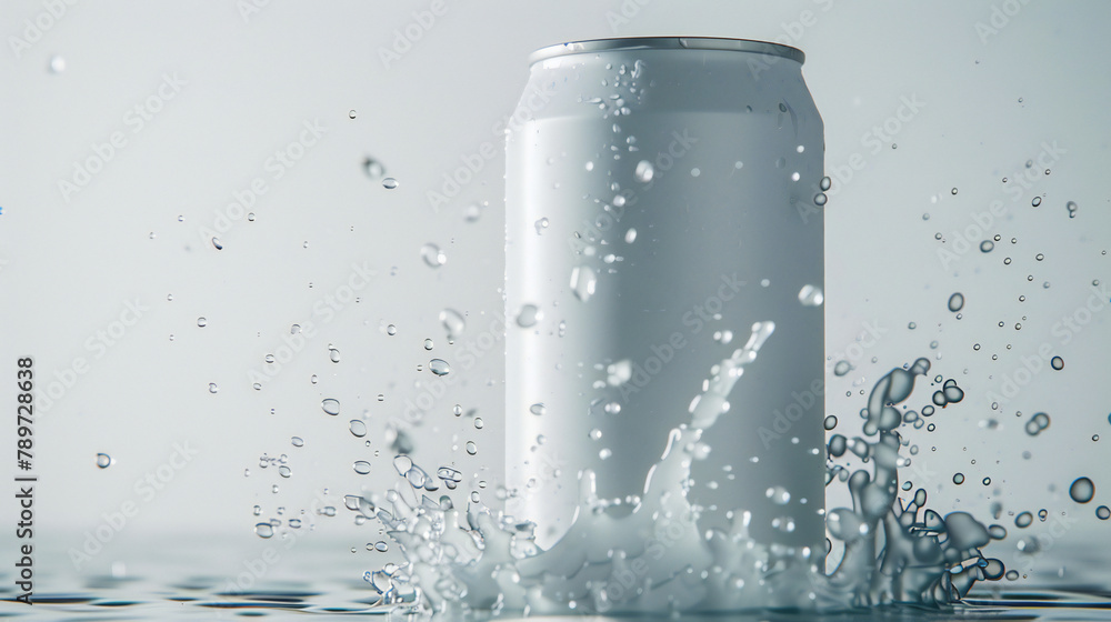 Crisp and Clean: White Aluminum Soda Can Mockup with Drops Splash Crisp and Clean: White Aluminum Soda Can Mockup with Drops Splash