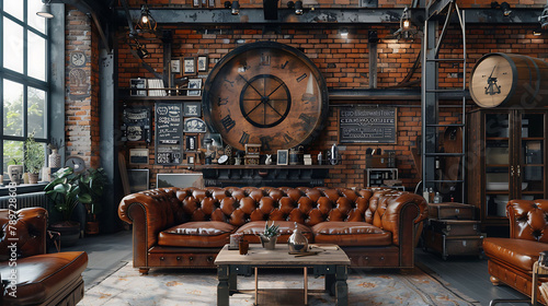 Living room in industrial style with leather sofa and brick wall - 3d rendering