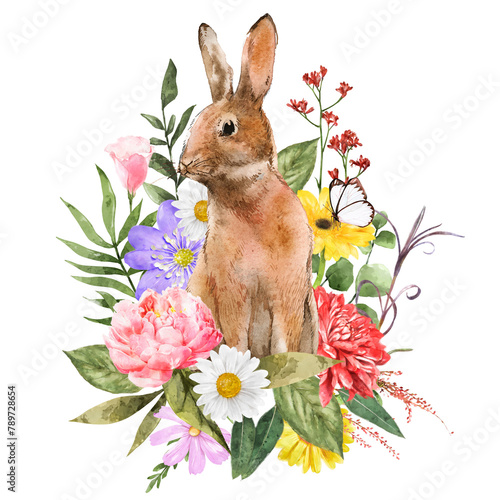PNG Easter rabbit with flowers, watercolor collage element, transparent background