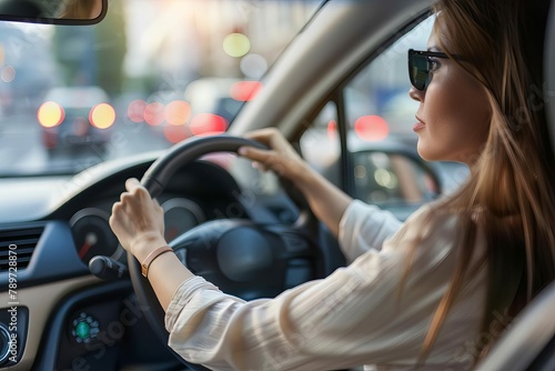 selfassured woman confidently driving car hands firmly gripping steering wheel on city street photo