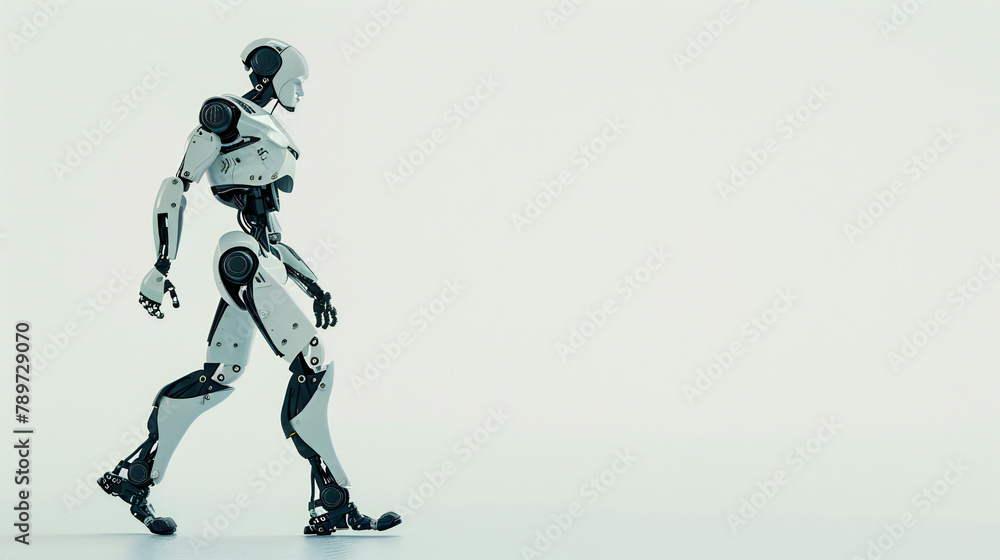 Side View: Graceful Robot Strolls on White Background - A Harmonious Blend of Art and Technology Side View: Graceful Robot Strolls on White Background - A Harmonious Blend of Art and Technology