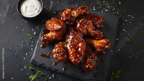 BBQ chicken wings with a sticky honey garlic glaze, served with ranch dressing.