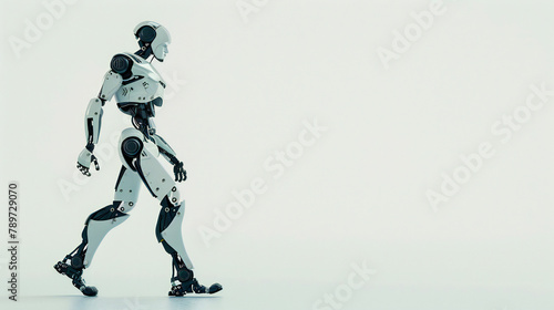Side View: Graceful Robot Strolls on White Background - A Harmonious Blend of Art and Technology