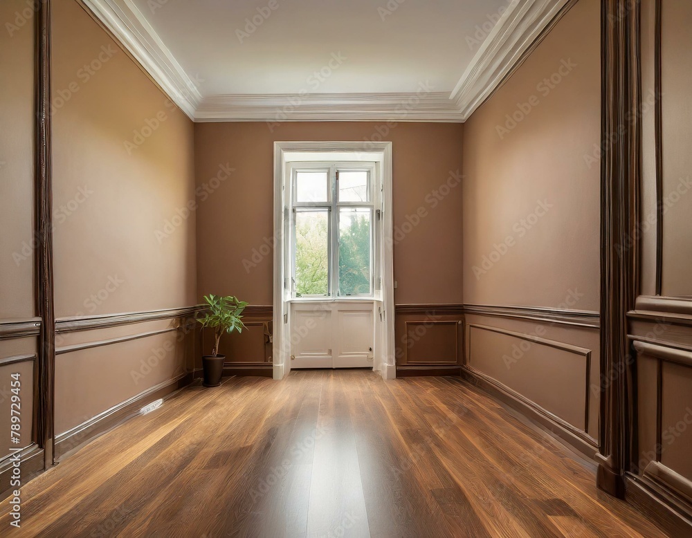 empty room with hardwood flooring, stained in a rich brown shade. The walls are painted in a soft beige color, creating a warm and inviting atmosphere empty room with hardwood flooring, stained in a rich brown shade. The walls are painted in a soft beige color, creating a warm and inviting atmosphere