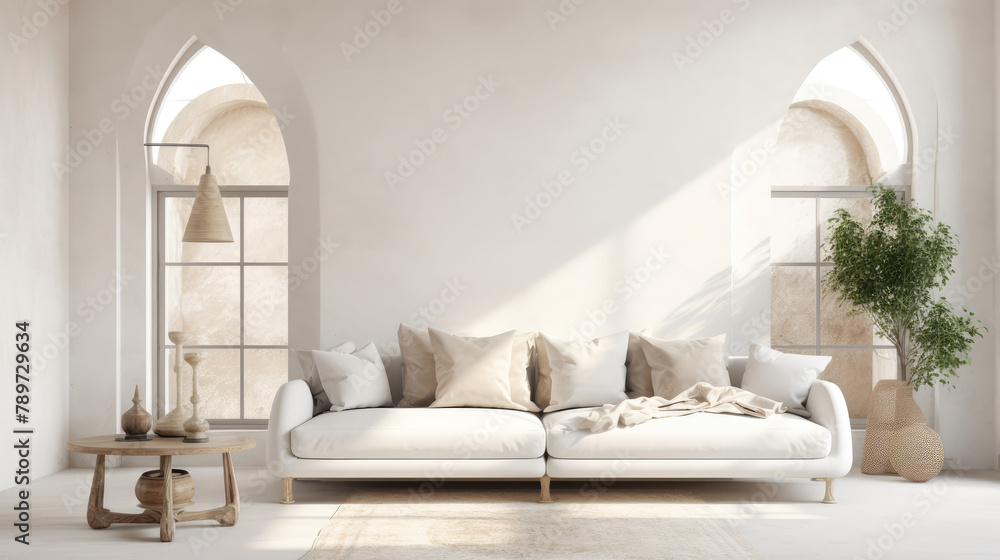 White sofa in boho style room with arched window and stucco walls. Rustic interior design of modern living room. technology. Generative AI White sofa in boho style room with arched window and stucco walls. Rustic interior design of modern living room. technology. Generative AI
