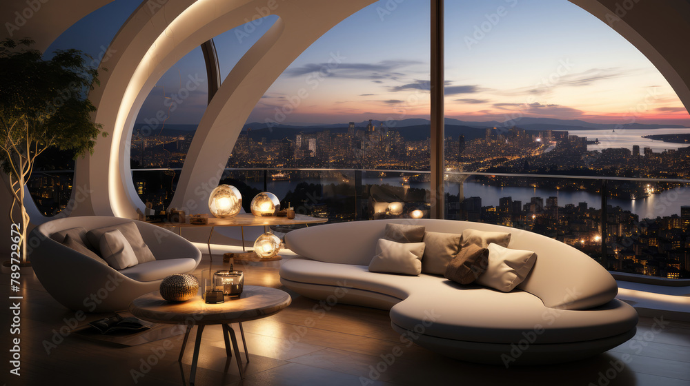 Fototapeta premium Round sofa in penthouse with city view. Interior design of moder Generative AI