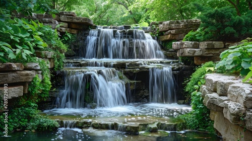 Tranquil cascading waterfall surrounded by lush green foliage and rustic stone architecture. Created with Generative AI.