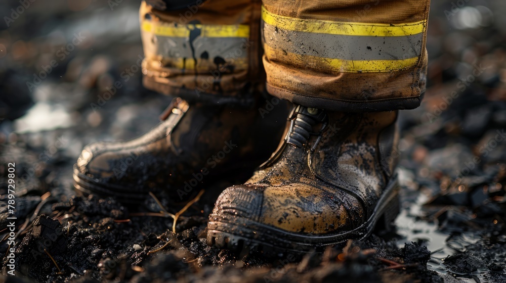 Close-up of muddy firefighter boots on scorched ground, highlighting details and tough working conditions. Created with Generative AI.