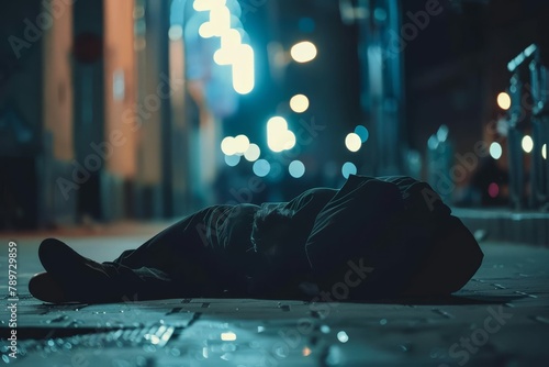 silhouette of homeless man sleeping on city street at night social issues concept