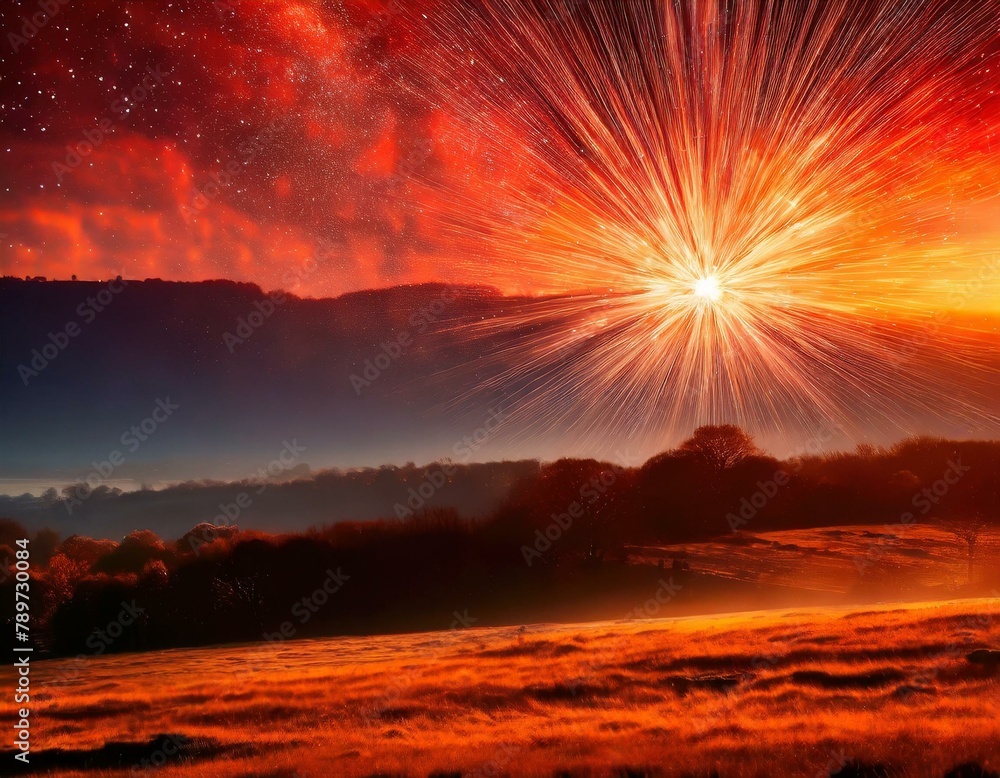 beautiful natural landscape filled with the afterglow of a star exploding in space, creating a red sky at morning or sunset