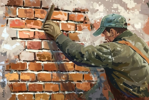 skilled bricklayer building brick wall realistic illustration