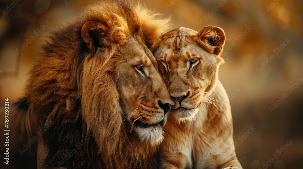 Lion and lioness in mood for love close up. Lion couple face to face