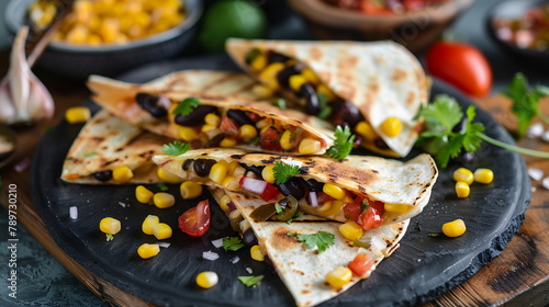 Black bean and corn quesadilla made with whole grain tortillas and served with salsa.