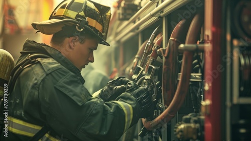 Firefighter preparing equipment on a firetruck for emergency response. Created with Generative AI.