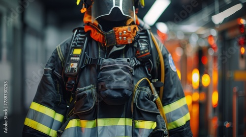 A firefighter in full gear with reflective stripes stands alert against a backdrop of orange lights. Created with Generative AI.