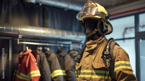 Firefighter uniform on a mannequin with helmet and gear in a fire station. Created with Generative AI.