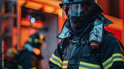 Firefighter in full gear ready for action in front of fire truck, with a colleague in the background. Created with Generative AI.