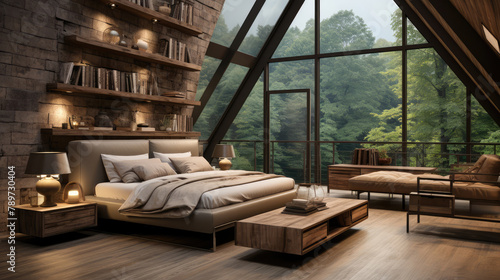 Farmhouse style interior design of modern bedroom in attic. Crea Generative AI © Fang