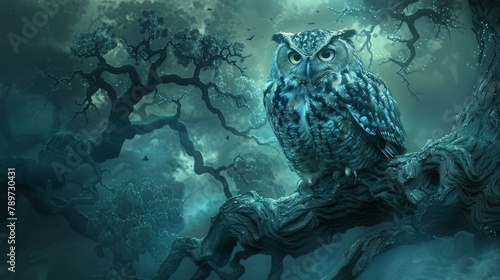 An owl perches on a gnarled tree branch against a moody, blue-toned forest backdrop. Created with Generative AI.