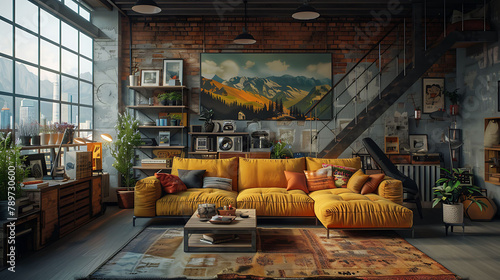 Loft style house with sofa and accessories in the room3d rendering