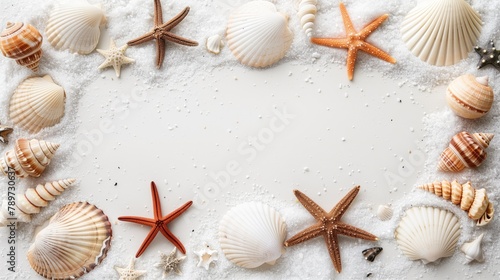 Creative layout made of starfishes, corals and seashells on white background, copy space