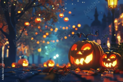 spooky halloween trickortreat scene with jackolanterns aigenerated illustration