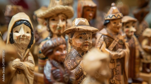 Closeup of a collection of unique and intricately carved wooden figurines each one representing a character from a different fable. The attention to detail is evident making them almost . © Justlight