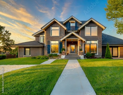 The front view of a newly built home is enhanced by a picturesque surrounding of vibrant green grass and a clear blue sky at sunrise. This appealing exterior beckons potential buyers or renters photo